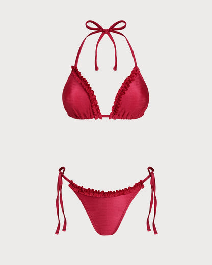 Kırmızı Boyundan Bağlamalı Fırfırlı Üçgen Bikini Takımı