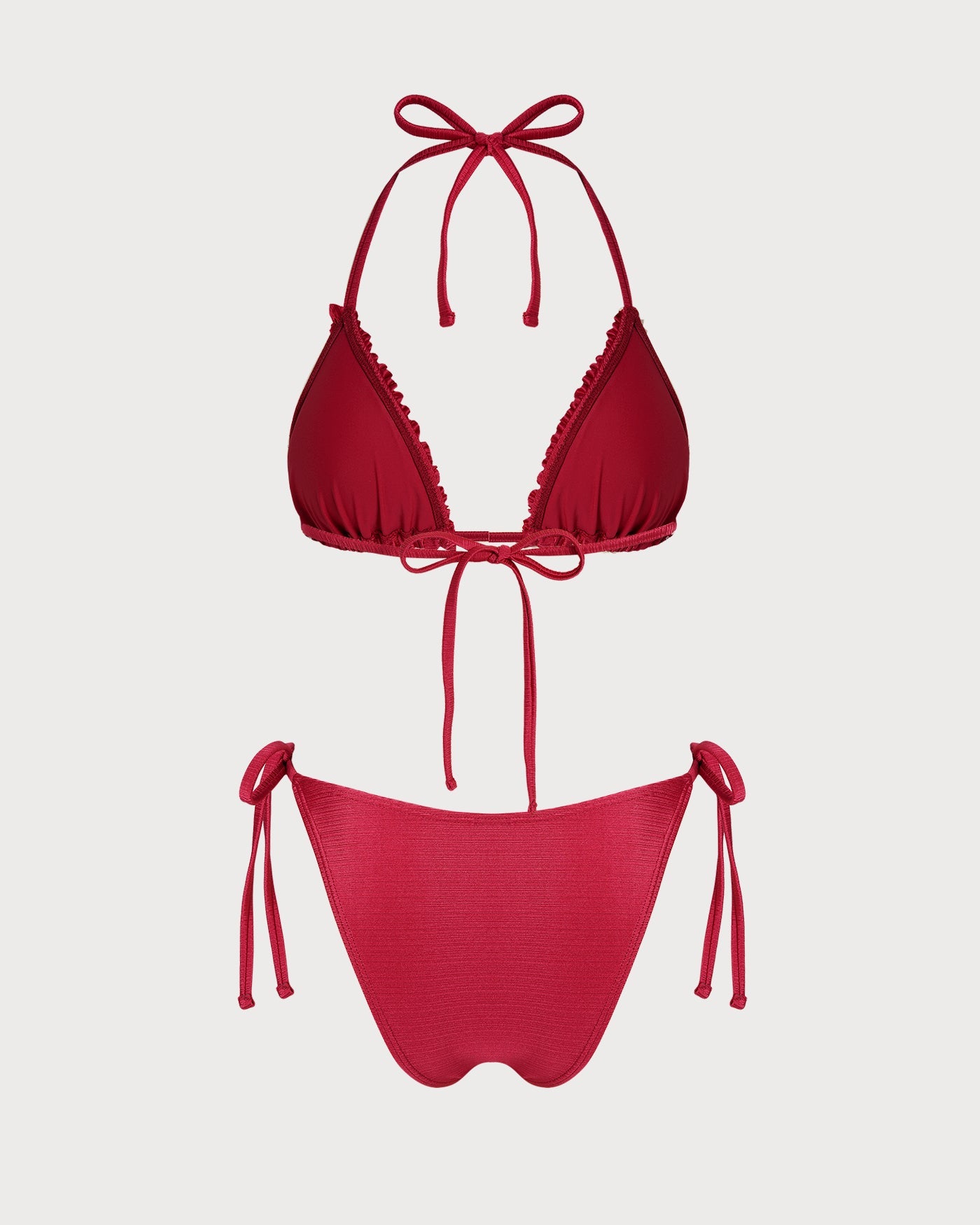 Kırmızı Boyundan Bağlamalı Fırfırlı Üçgen Bikini Takımı