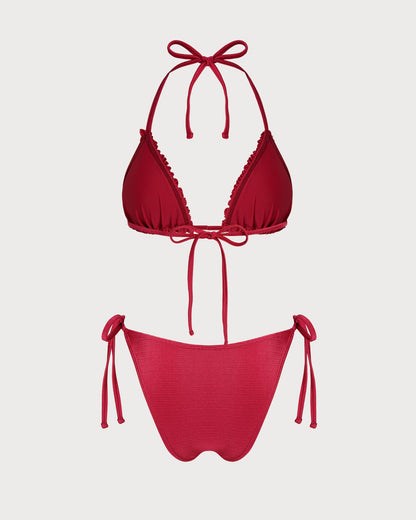 Kırmızı Boyundan Bağlamalı Fırfırlı Üçgen Bikini Takımı