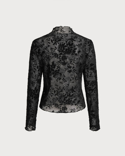 Siyah Çiçek Desenli See-through Tişört