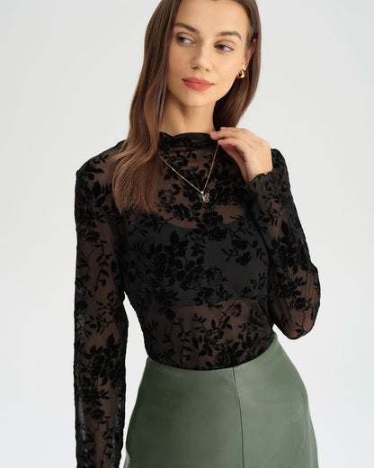 Siyah Çiçek Desenli See-through Tişört