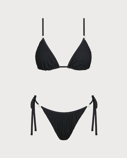 Siyah V Yaka Dokulu Büzgü Bağlamalı Bikini Takımı