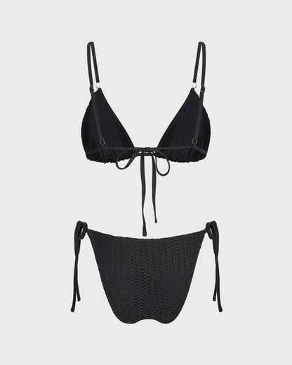 Siyah V Yaka Dokulu Büzgü Bağlamalı Bikini Takımı