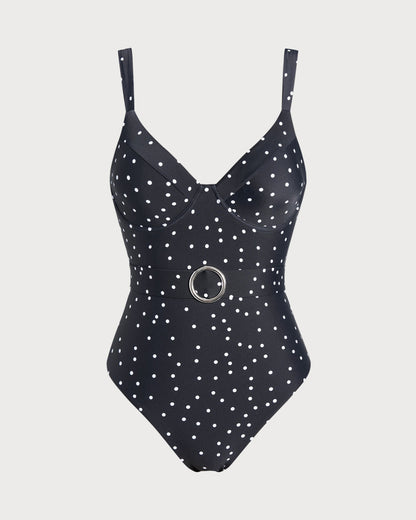 Siyah Polka Dots Tek Parça Mayo
