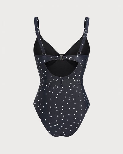 Siyah Polka Dots Tek Parça Mayo