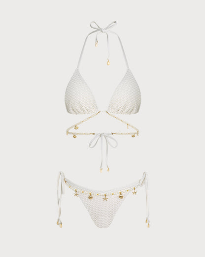 Beyaz Bağlamalı Askılı Üçgen Bikini Takımı