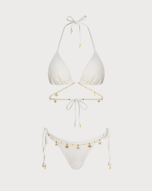Beyaz Bağlamalı Askılı Üçgen Bikini Takımı