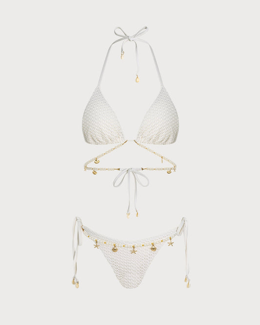 Beyaz Bağlamalı Askılı Üçgen Bikini Takımı