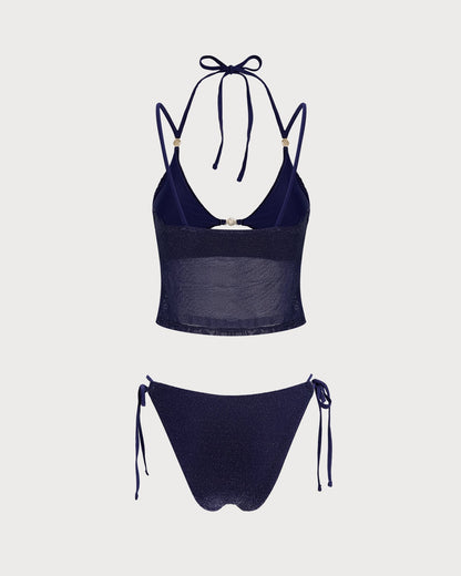 Mavi Bağlamalı Askılı Üçgen Bikini Takımı