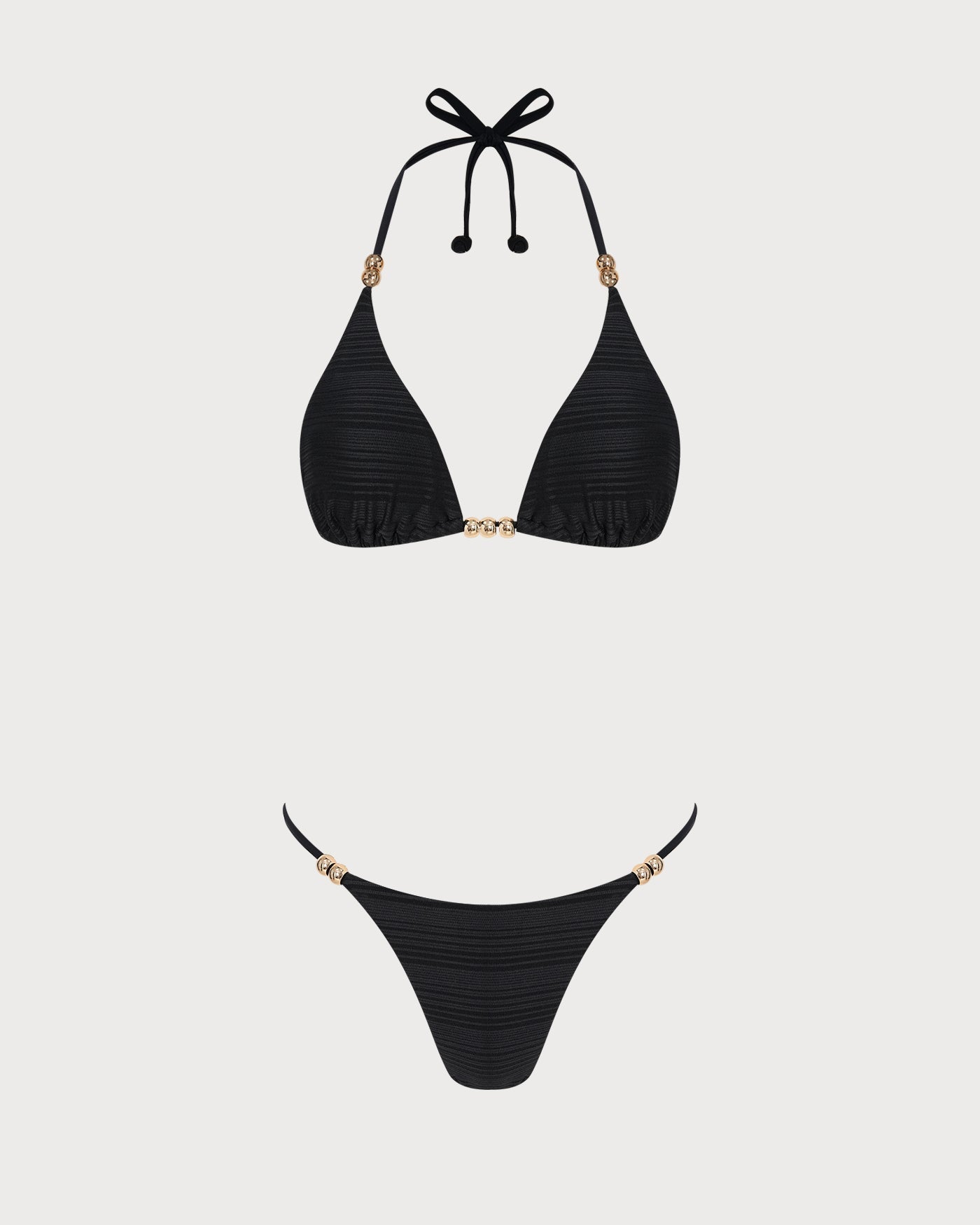Siyah Boyundan Bağlamalı Dokulu Üçgen Bikini Takımı