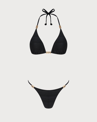 Siyah Boyundan Bağlamalı Dokulu Üçgen Bikini Takımı