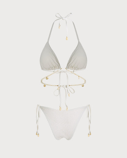 Beyaz Bağlamalı Askılı Üçgen Bikini Takımı