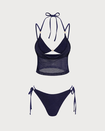 Mavi Bağlamalı Askılı Üçgen Bikini Takımı