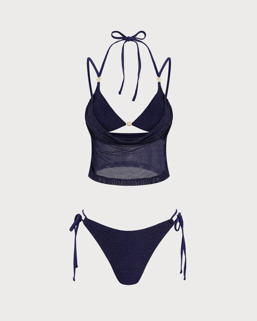 Mavi Bağlamalı Askılı Üçgen Bikini Takımı