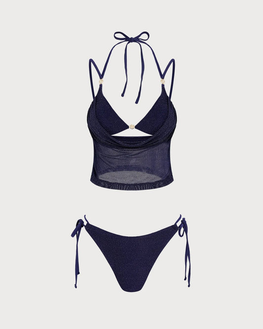 Mavi Bağlamalı Askılı Üçgen Bikini Takımı