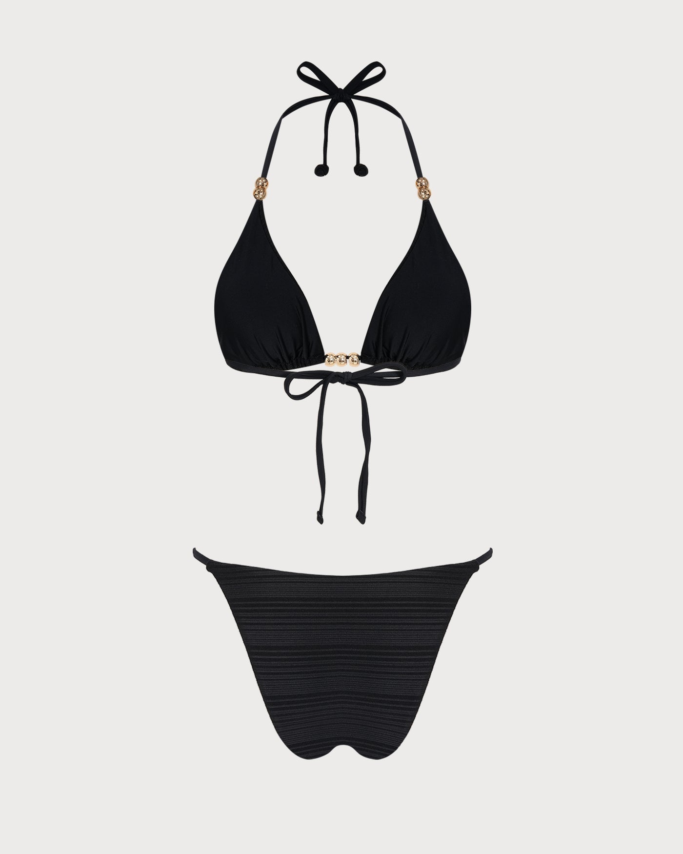 Siyah Boyundan Bağlamalı Dokulu Üçgen Bikini Takımı