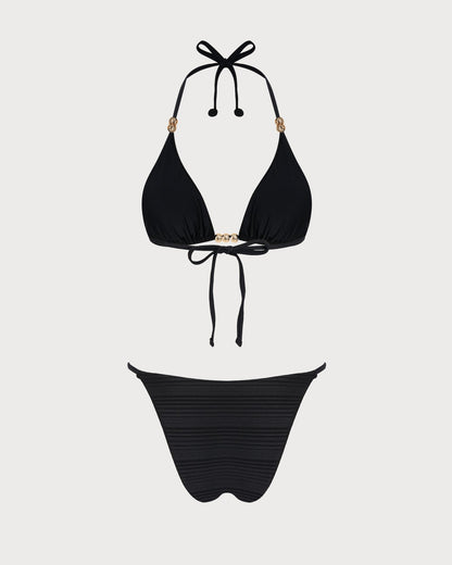 Siyah Boyundan Bağlamalı Dokulu Üçgen Bikini Takımı