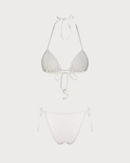 Beyaz Boyundan Bağlamalı Taş İşlemeli Üçgen Bikini Takımı