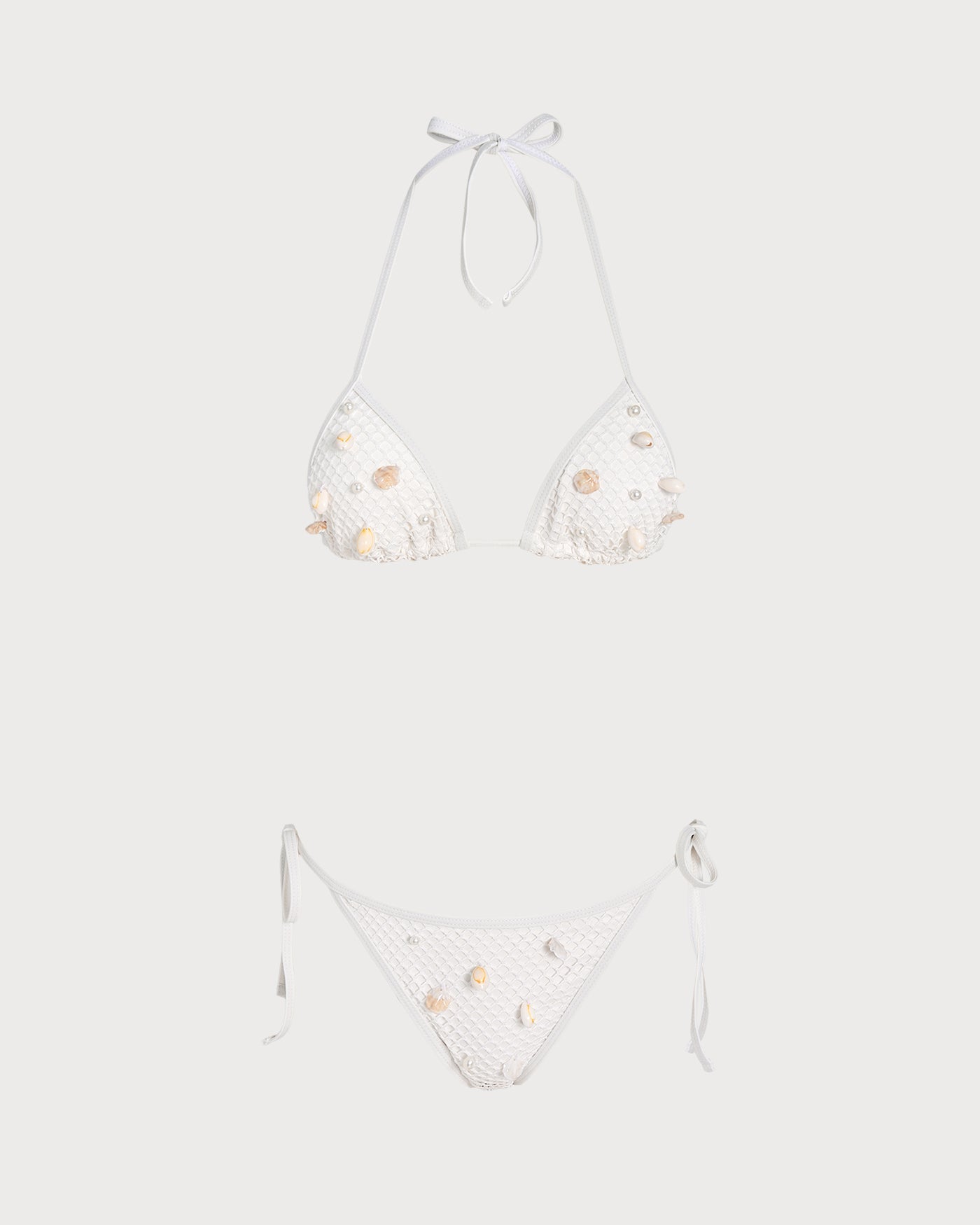 Beyaz Boyundan Bağlamalı Taş İşlemeli Üçgen Bikini Takımı