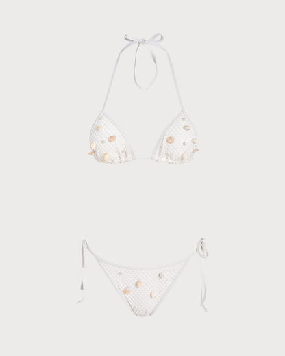 Beyaz Boyundan Bağlamalı Taş İşlemeli Üçgen Bikini Takımı