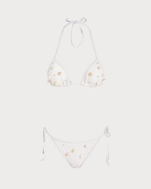 Beyaz Boyundan Bağlamalı Taş İşlemeli Üçgen Bikini Takımı