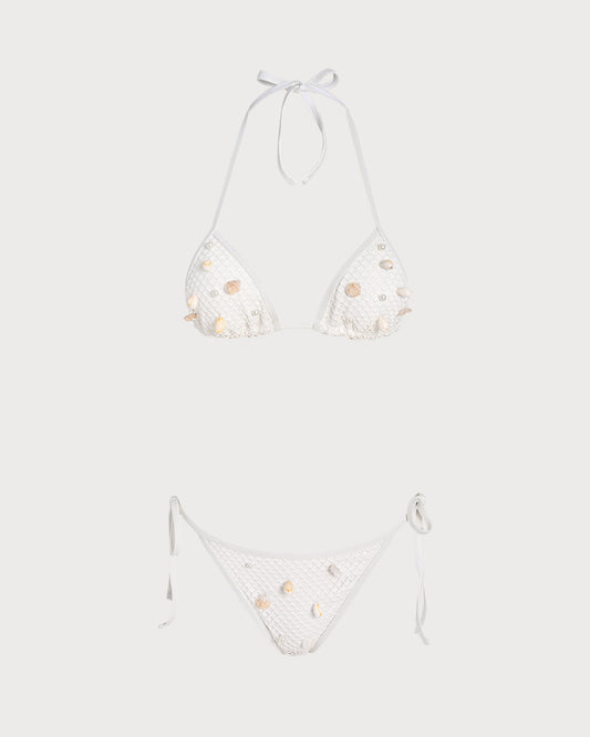 Beyaz Boyundan Bağlamalı Taş İşlemeli Üçgen Bikini Takımı