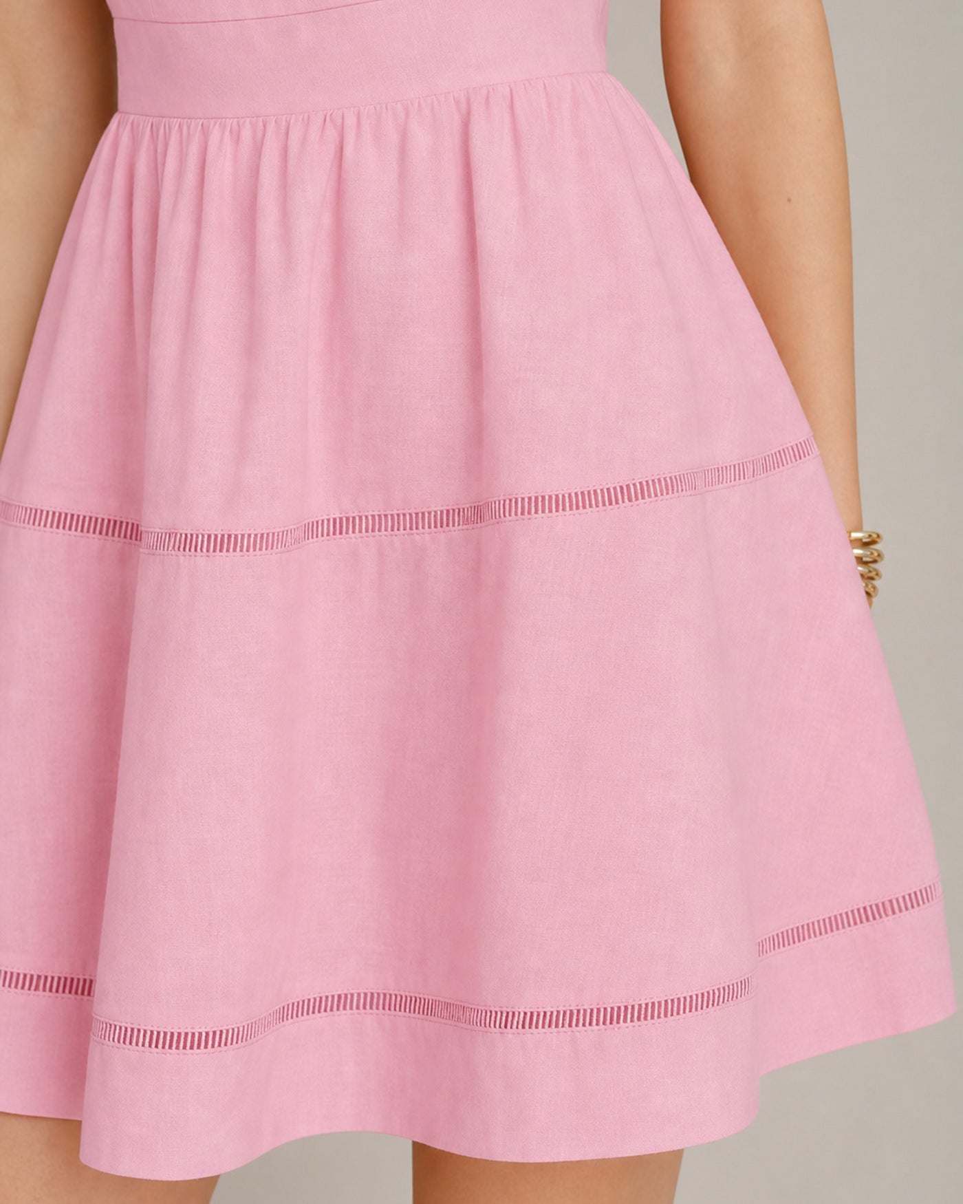 Pembe Kare Yaka Gipeli Mini Elbise