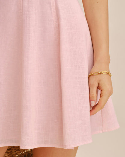 Pembe Nakışlı Geçişli Mini Elbise