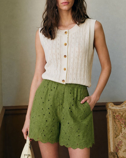 Yeşil Dekolteli Nakışlı Cepli Şort