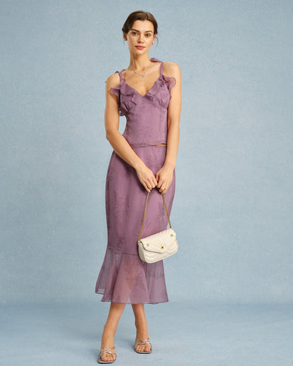 Mor V Yaka Çiçek Desenli Fırfır Detaylı Askılı Üstler