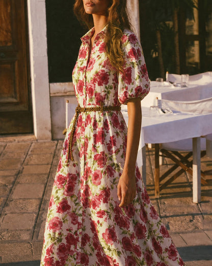 Pembe Yakalı Belt Çiçek Desenli Maxi Elbise