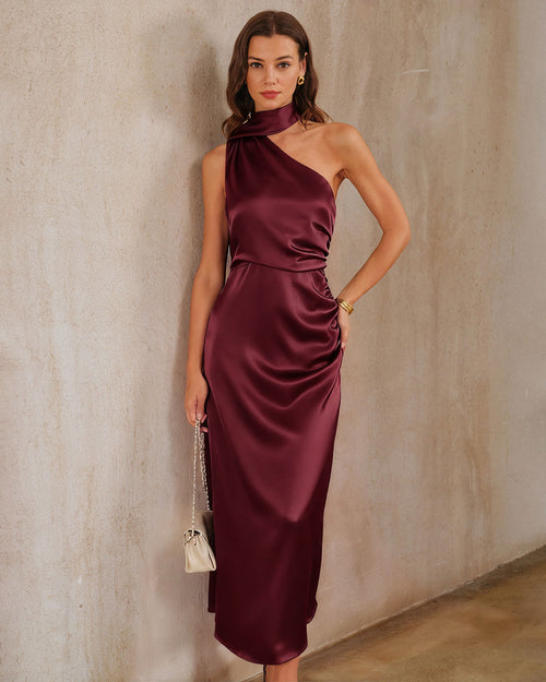 Şarap Kırmızısı Saten Tek Omuz Maxi Elbise