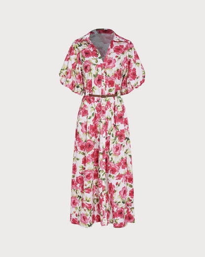Pembe Yakalı Belt Çiçek Desenli Maxi Elbise