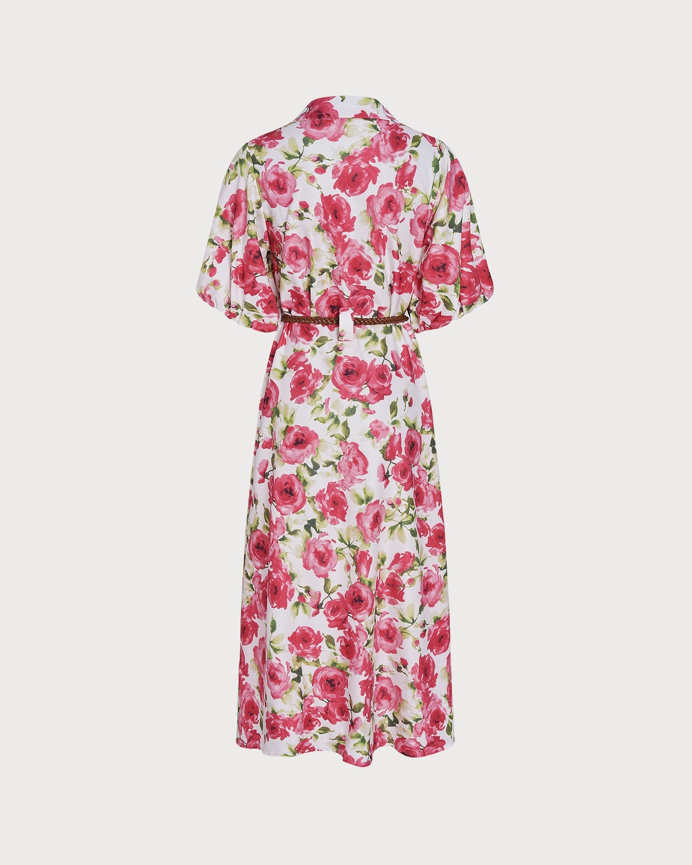 Pembe Yakalı Belt Çiçek Desenli Maxi Elbise