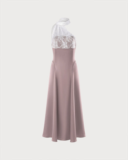 Pembe Tek Omuz Dantelli Geçişli Maxi Elbise