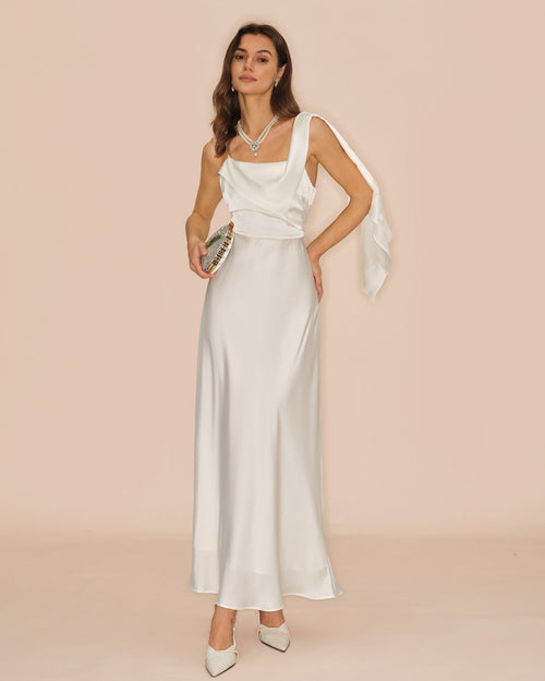 Off Beyaz Kare Yaka Saten Maxi Elbise