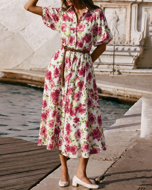 Pembe Yakalı Belt Çiçek Desenli Maxi Elbise