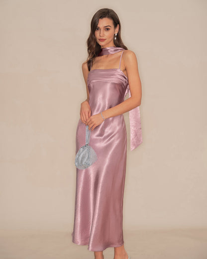 Pembe Askılı Balık Kesim Saten Maxi Elbise