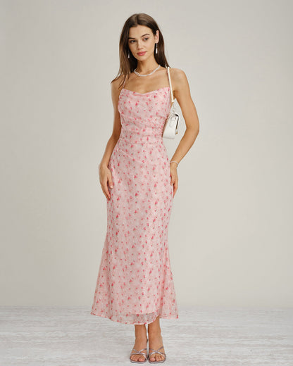 Pembe Dökümlü Yaka Çiçek Desenli Askılı Maxi Elbise