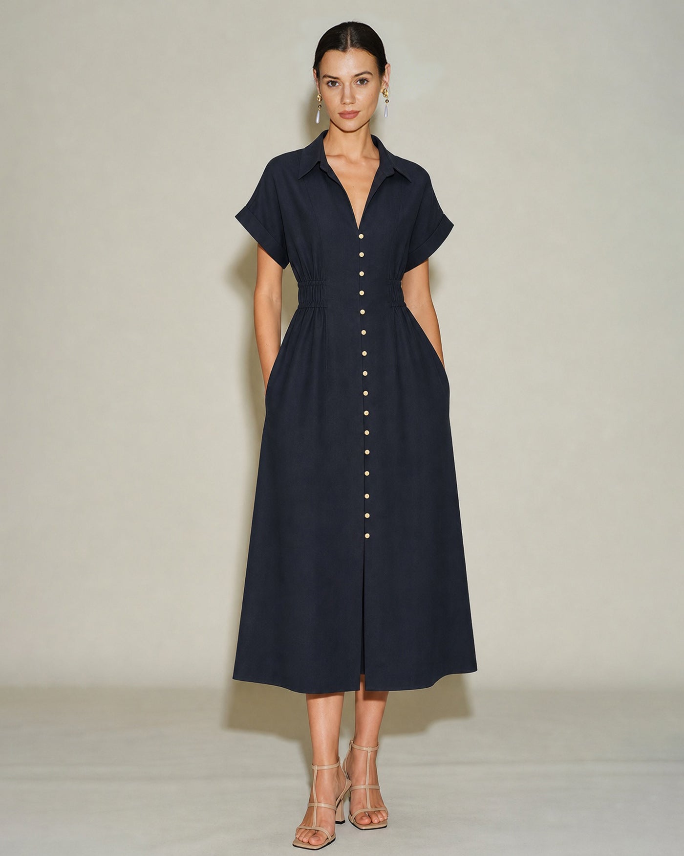 Siyah V Yaka Düşük Shoulder Midi Elbise