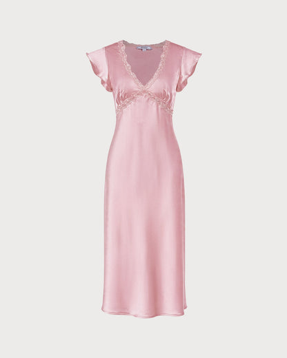 Pembe V Yaka Dantelli Saten Midi Elbise