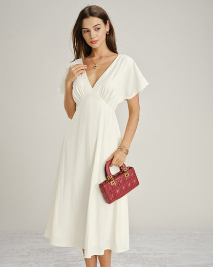 Kayısı V Yaka Cowl Sleeve Midi Elbise