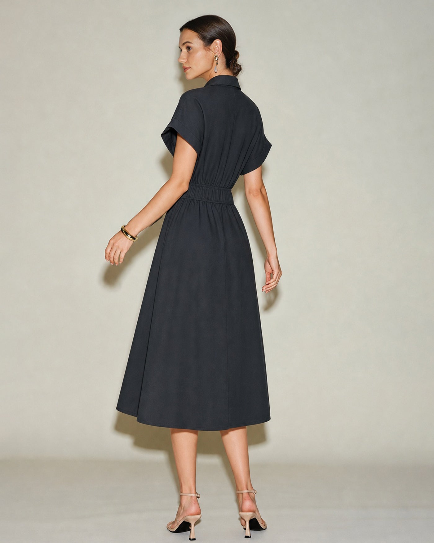 Siyah V Yaka Düşük Shoulder Midi Elbise