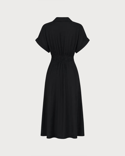 Siyah V Yaka Düşük Shoulder Midi Elbise