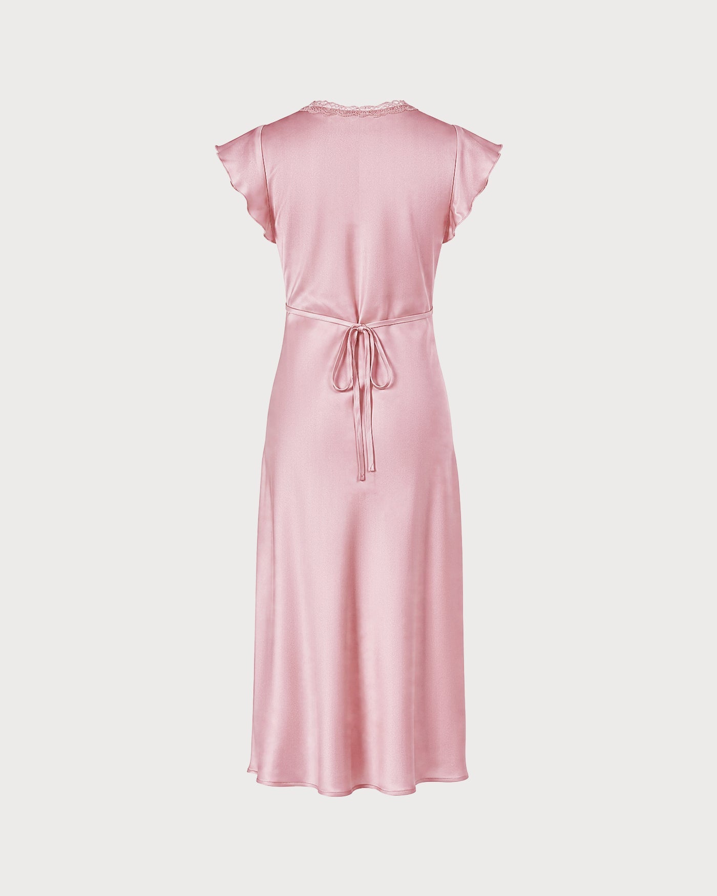 Pembe V Yaka Dantelli Saten Midi Elbise