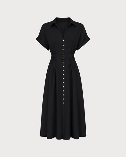 Siyah V Yaka Düşük Shoulder Midi Elbise