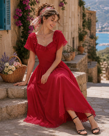 Kırmızı Kalp Yaka Bağlamalı Dantelli Midi Elbise