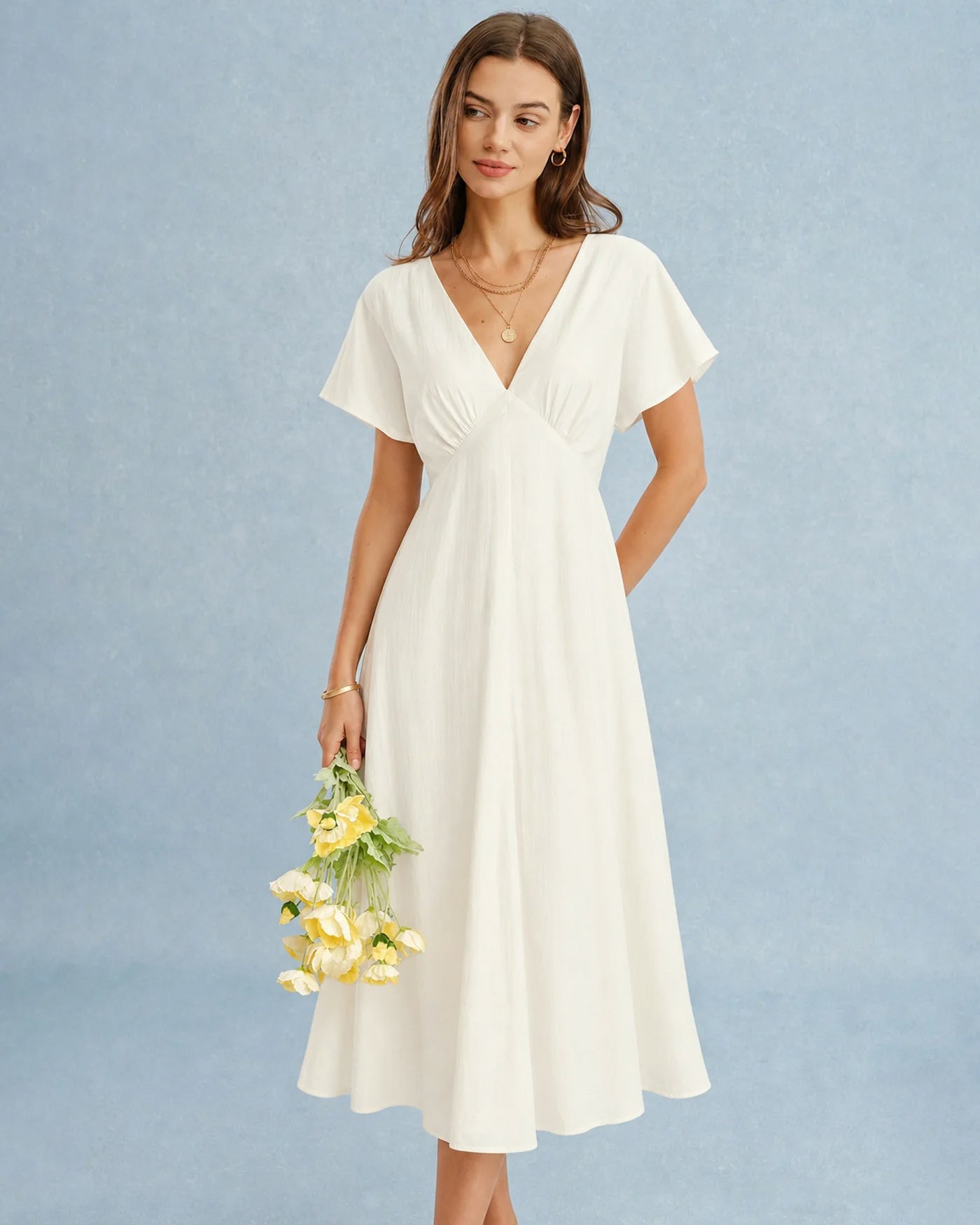 Kayısı V Yaka Cowl Sleeve Midi Elbise