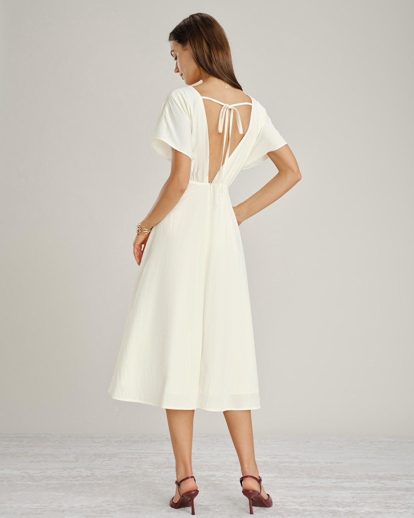 Kayısı V Yaka Cowl Sleeve Midi Elbise