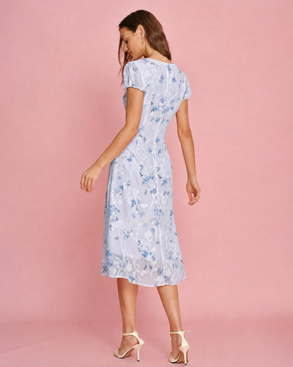 Mor Balon Kollu Jakarlı Midi Elbise